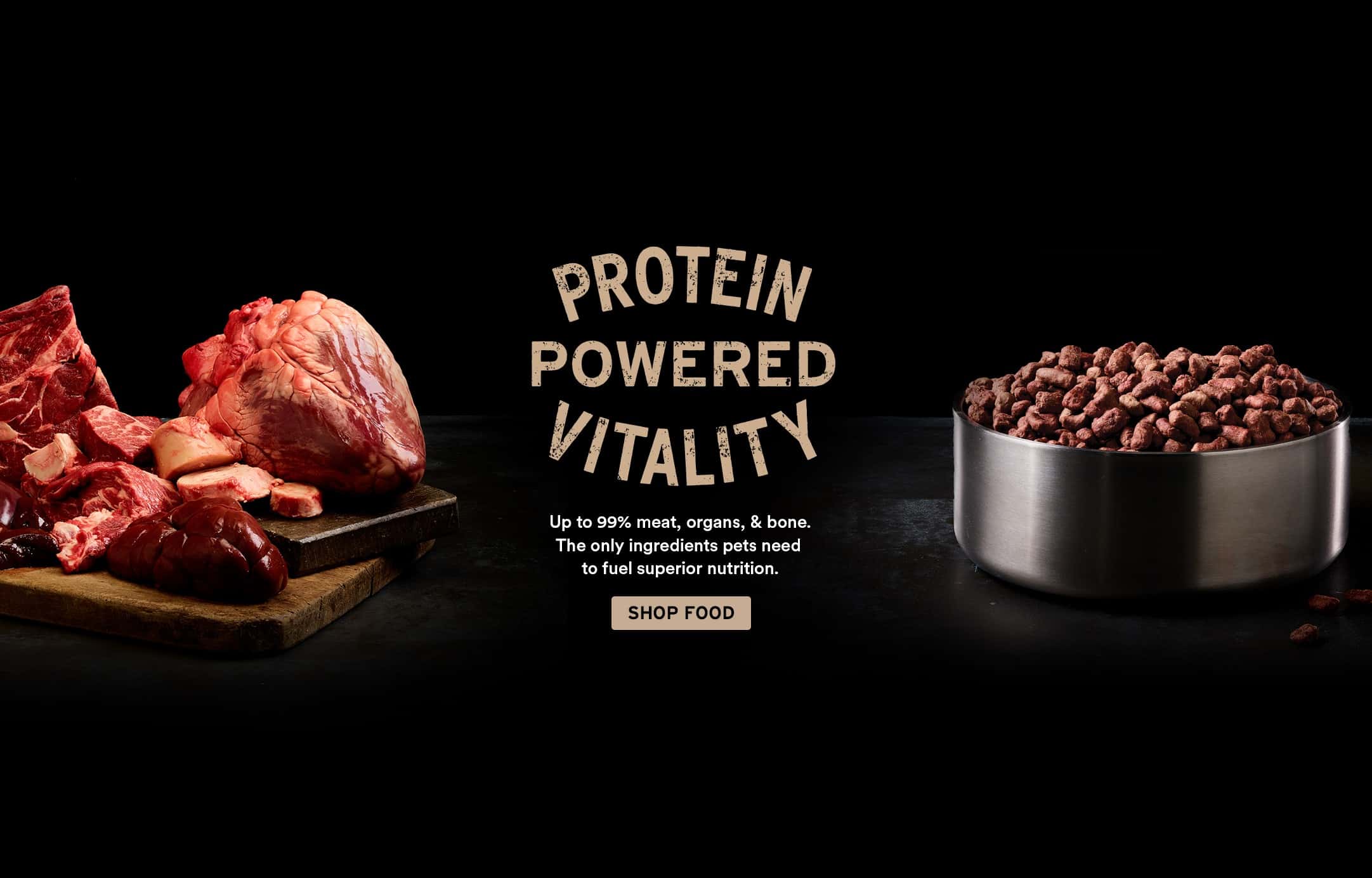 Raw meats and organs on a board and a bowl of kibble with the text "Protein Powered Vitality" on a dark background.